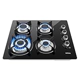 Gas Hob 4 Burners - Glass Hob Black Plug in NG/LPG Gas Hob, 7800W 4 Cooking Areas Built in Glass Cooktop Hob,Thermocouple Protection, Integrated Ignition
