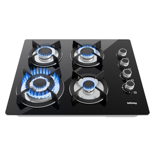 Gas Hob 4 Burners - Glass Hob Black Plug in NG/LPG Gas Hob 7800W 4 Cooking Areas Built in Glass Cooktop Hob Thermocouple Protection Integrated Ignition