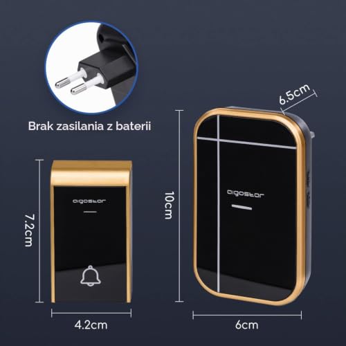 Aigostar Bell AC - Bezprzewodowy dzwonek do drzwi z diodami LED, wodoodporny, 36 melodii, 3 poziomy głośności, dzwonek dla seniorów, do domu i biura (1 odbiornik i 1 nadajnik)