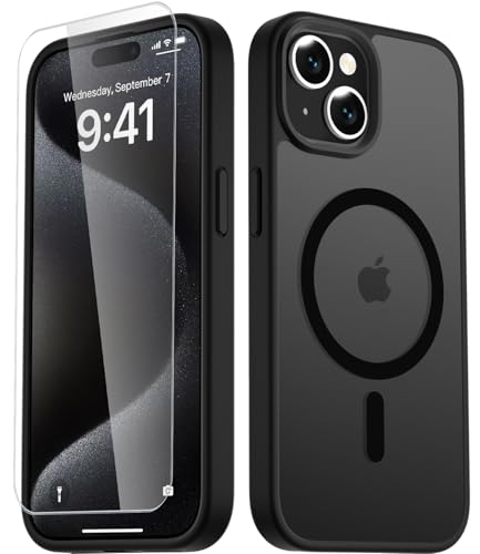 LATVIN for iPhone 15 Case, Magnetic Phone Cover with 1 Screen Protector, Compatible with MagSafe, Military Grade Protection, Translucent Matte Frosted Back, Black