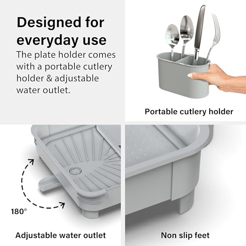 Extendable Dish Drainer Rack Foldable Dish Draining Rack with Removable Cutlery Holder Adjustable Dish Draining Board Rack with Swivel Drainage Spout Space-Saving Kitchen Drying Rack Light Grey - Image 5