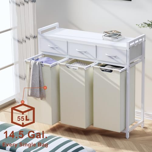 Timberer Laundry Hamper, Laundry Sorter 3 Section, Rolling Laundry Basket with Wheels, 3 Drawers, 3 × 14.5 Gal (55 L), Pull-Out and Removable Oxford Fabric Bags, White and Beige by Timberer - Image 2