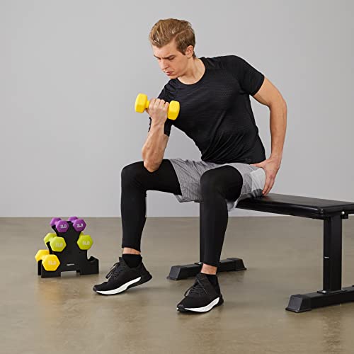 Amazon Basics Neoprene Hexagon Workout Dumbbell Color-Coded Hand Weight - Set Of 6 (3, 5, And 8 Pound Weights) With Storage Rack #TOP6