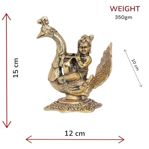 Image of KridayKraft Lord Krishna Sitting on Peacock Metal Statue Krishna Idol Playing Flute Decorative Showpiece - 15 cm (Aluminium, Gold)
