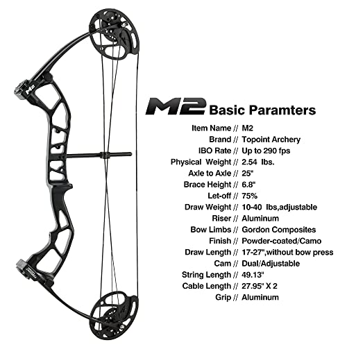 Topoint Archery M2 Junior Compound Bow Set Beginners,Youth&Kids Bow Women Bow 17"-27" Draw Length,10-40Lbs Draw Weight,290Fps Ibo, Limbs Made In Usa,Bow Only 2.54Lbs,Lightweight Design (Purple) #TOP3