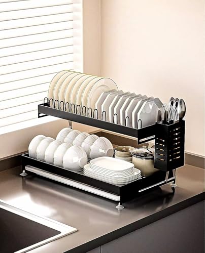 Image of Cloyster Dish Drying Rack 2 Tier Dish Racks for Kitchen Counter and Sink, Large Dish Drying Rack with Drainboard & Utensil Holders, Metal Dish Drainers Kitchen Organization and Storage (473-RACK)