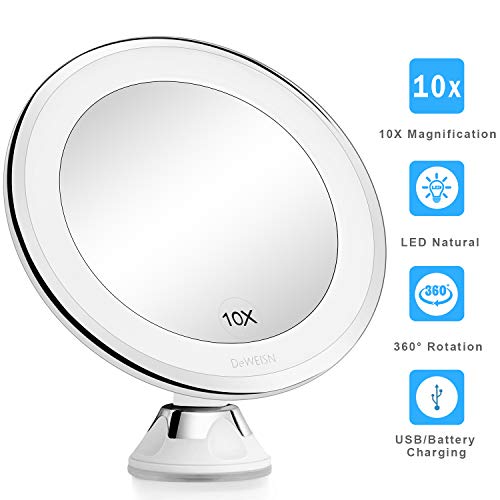 deweisn Espejo para Maquillarse con Luces LED Naturales, Aumento 10x Espejo de Vanidad con Ventosa de Bloqueo Rotación de 360 ° Portátil, Espejo de Pared Iluminado para Afeitado de Baño y Viajes
