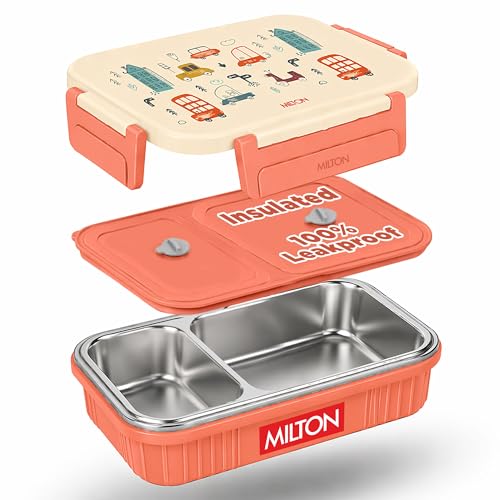 MILTON Meal Safe 2 Inner Stainless Steel Tiffin Box for School with Steam Release Plug | PU Insulated, Leak-Proof, Food Grade I Lunch Box for Kids Boys, Girls with Snap Lock Lid, 465 ml, Orange