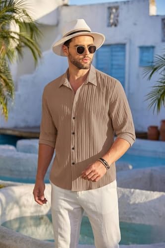 Image of DEELMO Men's Casual Button Down Shirts Long Sleeve Linen Shirt Fashion Textured Beach Summer Shirt