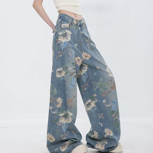 Women's Fashion High Waist Wide Leg Denim Pants Casual Y2K Streetwear Vintage Flowers Printed Baggy Jeans3