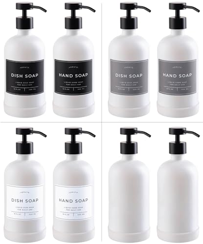 Image of Hand and Dish Soap Dispenser for Kitchen and Bathroom, Set of 2 16 Oz Glass Bottles, Stainless Steel Pumps, Non-Slip Silicone Base, 27 Waterproof Labels (Matte White Bottle /Black Pump)