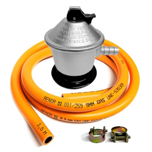 Cia&Co Kit Regulador Gas Butano 30 mbar Homologado + Manguera 1,5 m / 3 m / 5 m y Abrazaderas – Regulador para Bombonas de Gas en Cocinas, Camping, Hornillos, Barbacoas y Paelleros. (Classic - 1,5 m)