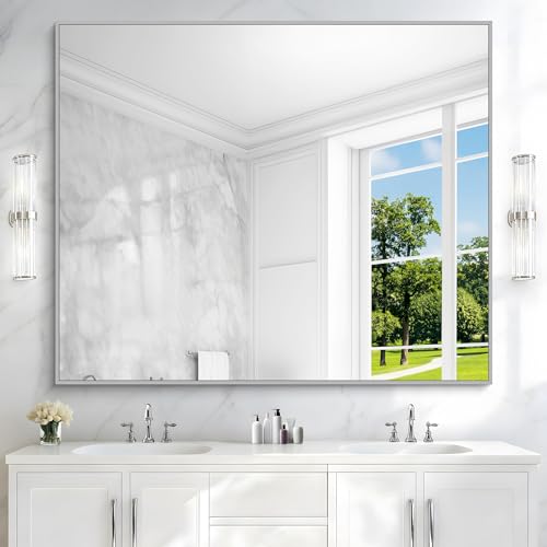 Image of COFENY 40x48inch Silver Bathroom Mirror, Silver Rectangle Mirror with Frame, Large Rectangular Wall Mirrors for Bathroom, Living Room, Hair Salon, Big Farmhouse Mirror Hang Horizontal /Vertical