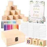 Draupnir 92 Pcs Fun Baby Shower Games Sign Kit Babies Coloring Blocks for Baby Shower, Wooden DIY Blank Blocks Freehand Painting with 36 Paint Markers