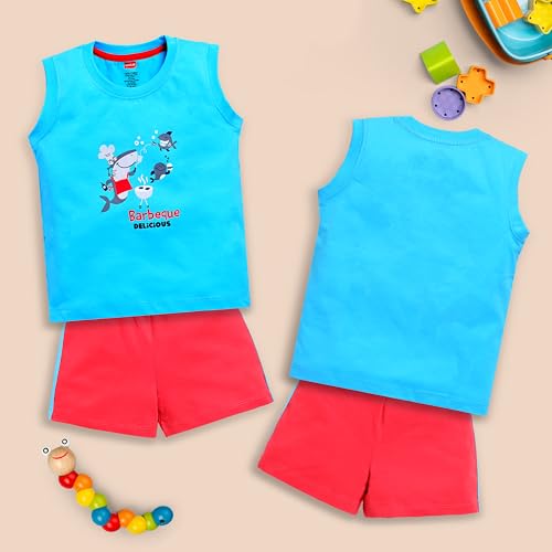 Image of LuvLap Baby Boys Cotton Printed Sleeveless Tank Top & Shorts Sets Pack Of 3, White & Blue Radiance & Melange, XL (12 to 18 Months)