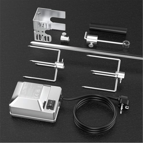 Onlyfire BRK-6031 Universal Verchromter Grillspieß Set, 90 cm Rotisserie Drehspieß, 2X Fleischnadeln, Edelstahl Motor, 220V - 240V, Drehspiess