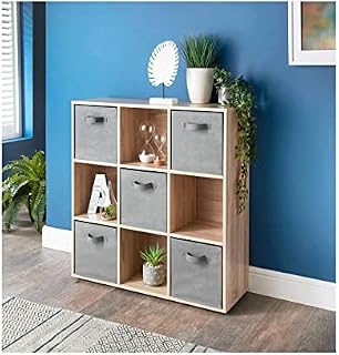 spot on dealz® Wooden Storage Shelving Unit Bookcase Home Office Use Display Furniture Living Room Décor Easy to Build (9 Cube 5 Basket-Oak)