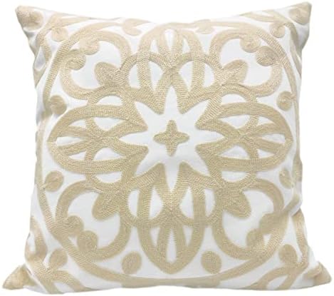 Alysheer Embroidered Decorative Throw Pillow Cover 18x18 inch, Boho Mandala Chic Knit Pattern 100% Cotton Canvas Cushion Case for Sofa Couch Living Room Bedroom Office Gifts(Light Beige Ivory)