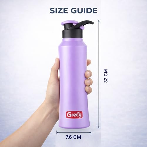Image of GRECY Tic Toc Stainless Steel Water Bottle 1 litre Lavender Purple | Lightweight Single Wall Steel Bottle for Fridge | Flip Cap Leak Resistant | BPA Free | School Kids,Office,Gym,Travel Made in India