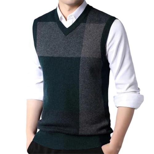 Men Sleeveless Sweater Vest 100 Percent Wool V Neck Thick Textured Plaid Fall Winter Warm