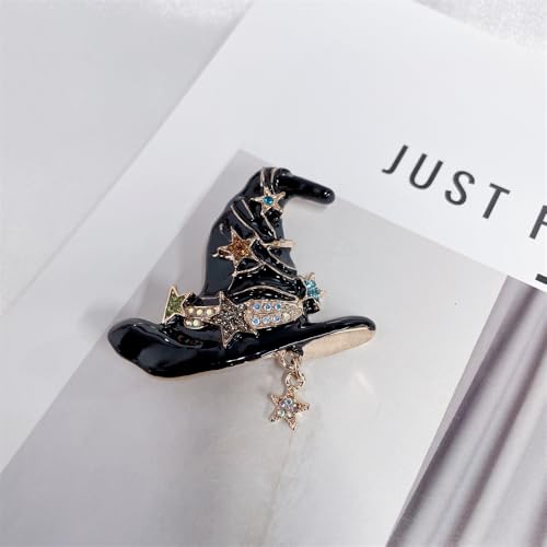 Image of Vintage Witch Hat Star Colorful CZ Dangle Black White Enamel Halloween Brooch Lapel Pins for Women Girls Boys Gold Plated Fashion Magic Witch Brooches Pin Cute Holiday Party Hat Bag Suit Accessories Jewelry Gift