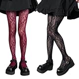 AEUXZA Collants en dentelle sexy 2 paires, motif floral, de Maille, High Waisted, tenue de fete femme, dentelle noire, collant noir transparent, Night Club, Party, fantaisie femme (Noir & Bordeaux)