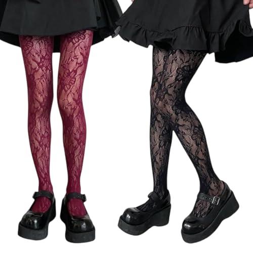 AEUXZA Collants en dentelle sexy 2 paires, motif floral, de Maille, High Waisted, tenue de fete femme, dentelle noire, collant noir transparent, Night Club, Party, fantaisie femme (Noir & Bordeaux)