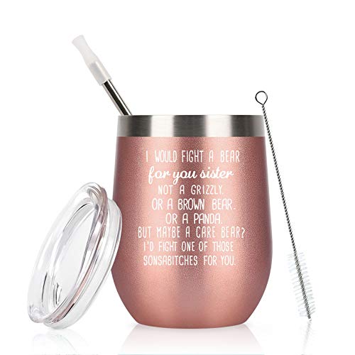 Gingprous Sister Gifts from Sister, Funny Christmas Gifts for Sister, Sister in Law, Soul Sister, Big Sister, Twin Sisters, 12 Oz Stainless Steel Insulated Wine Tumbler with Lid and Straw, Rose Gold