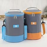 2PCS Set Insulated Cooler Lunch Bag, Small Camping Bag,Portable Camping Cooler with Shoulder Strap, Cylindrical Travel Bag,6.6L(Blue+Orange)