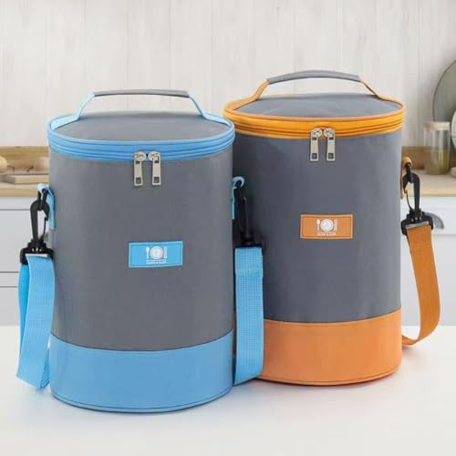 2PCS Set Insulated Cooler Lunch Bag, Small Camping Bag,Portable Camping Cooler with Shoulder Strap, Cylindrical Travel Bag,6.6L(Blue+Orange)