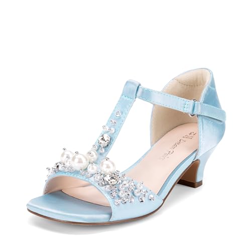 DREAM PAIRS Girls Sandals Ankle Strap T-Strap Low Heel Pearl Bow Flower Pump Dress Wedding Party Shoes for Little Kid/Big Kid,Size 2 Big Kid,Light Blue,KKUMHS2501