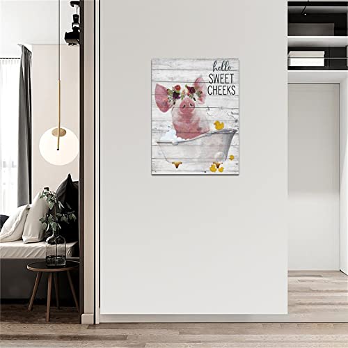 Sweetfox Farmhouse Pig Bathroom Wall Art Funny Pictures Decor Rustic Canvas Painting Print Artwork For Country Animal Pink In Bathtub Hello Beautiful Framed Art12''X16'' #TOP4