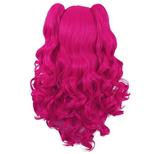 MapofBeauty 28 Inch/70 cm Lolita Long Curly 2 Ponytails Clip on Cosplay Wig (Hot Pink)