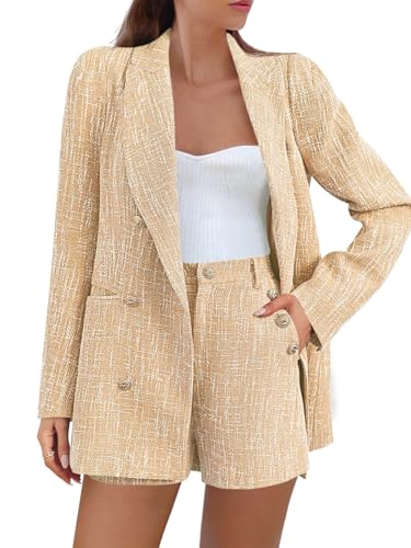 Cicy Bell Womens 2 Piece Tweed Blazer Shorts Sets Long Sleeve Double Breasted Suit Jackets Business Outfit Khaki