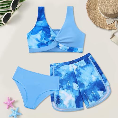 Image of Weixinbuy Girl's 3 Piece Swimsuit Teen Swimwear Tropical Print Twist Cross Bikini Bathing Suit with Cover Up Shorts Size 9-16
