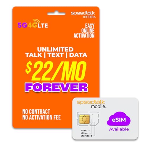 SpeedTalk Mobile Pre-Paid eSIM and SIM Card Starter Kit – No Contract Wireless Plans $5mo Talk Text Data Unlimited Plans - Cellphone 5G 4G LTE Apple iPhone, Android Smart Phones