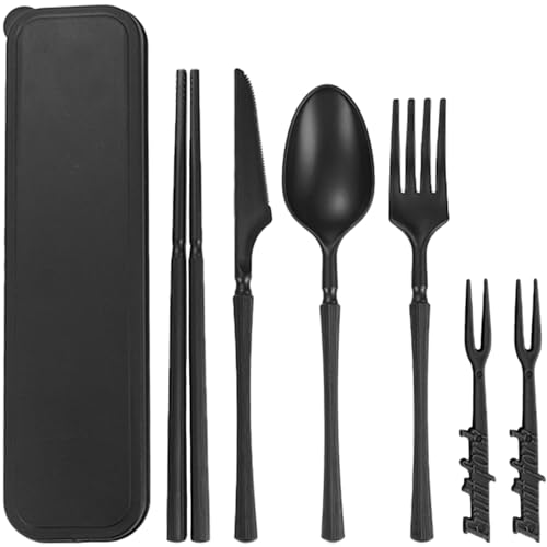 Set di posate portatile con astuccio, posate in plastica riutilizzabili, coltello, forchetta, cucchiaio, stoviglie, set di posate da viaggio per campeggio, picnic, ufficio, scuola o uso quotidiano