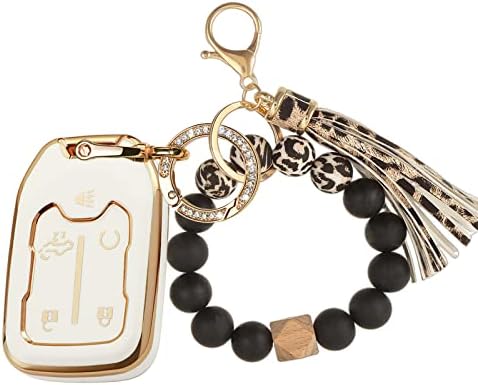 RFSRZ Smart Soft TPU Key Fob Case with Gold Key Chain and Leopard Print Bracelets Key Holder Compatible for 2017-2022 GMC Acadia, GMC Terrain 5 Buttons White