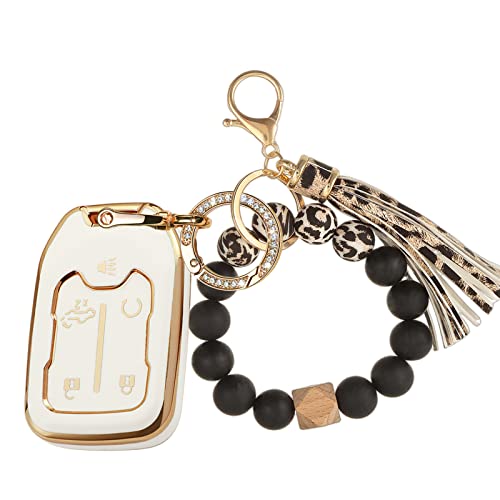 Rfsrz Smart Soft Tpu Key Fob Case With Gold Key Chain And Leopard Print Bracelets Key Holder Compatible For 2017-2022 Gmc Acadia, Gmc Terrain 5 Buttons White #TOP1