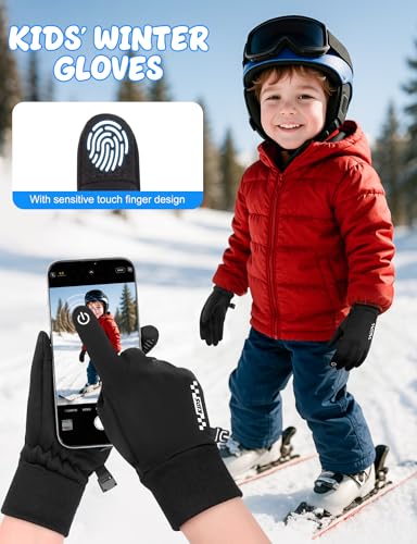 Becellen Fahrradhandschuhe Kinder, Touchscreen Handschuhe Kinder Reithandschuhe Warme Winterhandschuhe mit Anti-Rutsch Thermo Laufhandschuhe für 7-12 Jungen und Mädchen