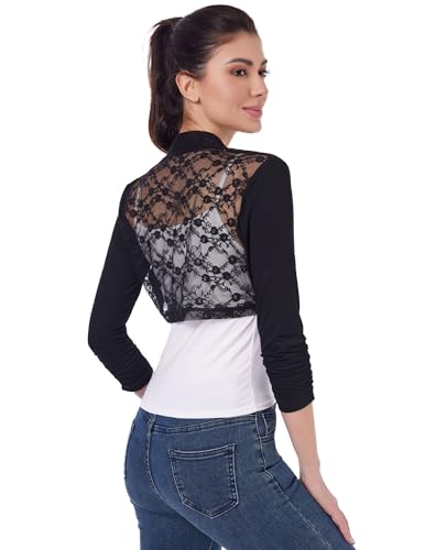AmélieBoutik Women 3/4 Sleeve Lace Back Bolero Cropped Cardigan Open Front Bolero Shrug for Dress Casual4