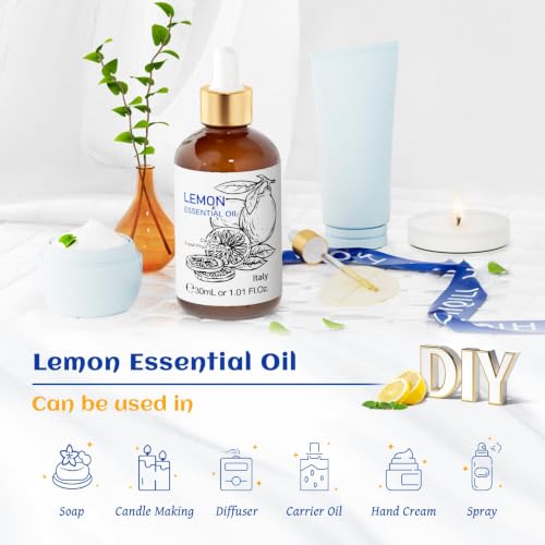 Image of HIQILI Lemon Essential Oil for Cleaning, Diffuser & Skin | Creates a Fresh and Clean Atmosphere for Kitchen, Bath and More, Removes Odors and Stubborn Residue -30mL / 1.01 fl oz