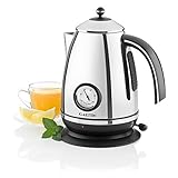 BLICKFANG IN JEDER KÜCHE: Dank charmantem Teekessel-Design der 50er Jahre verwandelt sich das alltägliche Wasser-Erhitzen in ein erfreudiges Erlebnis. An der seitlich verbauten Thermometer-Anzeige kann der Siedeprozess in Echtzeit gemütlich verfolgt werden.