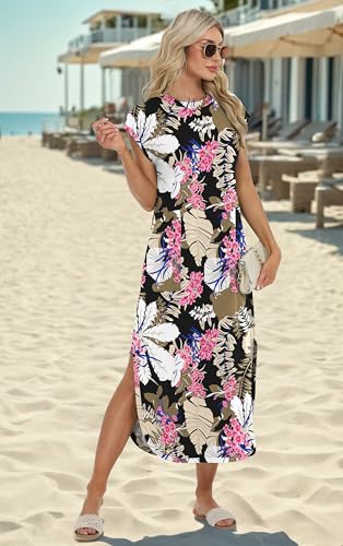 Image of HiMONE Beach Vacation Dresses for Women 2025 Sundress Cap Sleeves Casual Maxi Beach Dress with Pockets XS-2XL