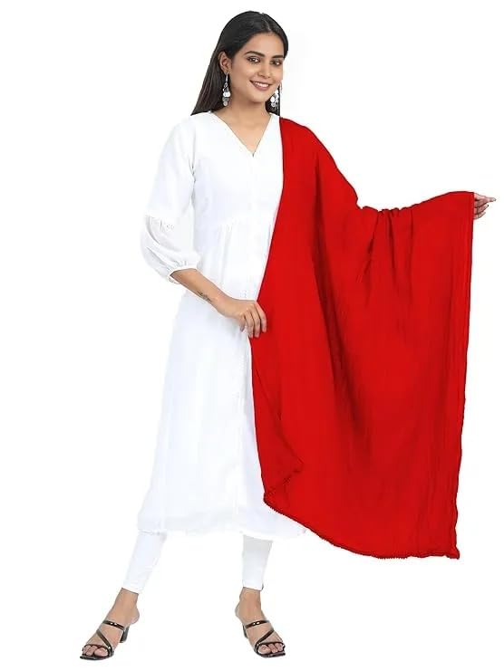 VinodRatna Women Pure Solid Cotton Dupatta With Pom Pom Border 2.25m (Red, 2.25m) - Image 2 thumbnail