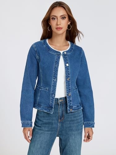 LifeShe Cropped Denim Jacket for Women Stretch Collarless Jean Jackets Slim Fall Crop Shacket Tendy4