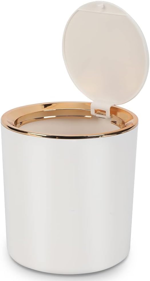 Image of Soko Cute Portable Mini Trash Can, Small One-Key Press Plastic Fancy Press-Top Desktop Dustbin Waste /Garbage Disposal For Home, Office, Bathroom, Bedroom, Kitchen, Work, Study Table - Luxebin (White)