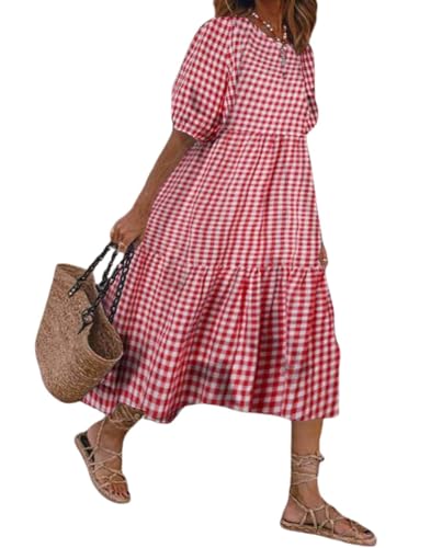 YSYAMAO Womens Mid Length Casual Checkered Print Ruffled Loose Fit