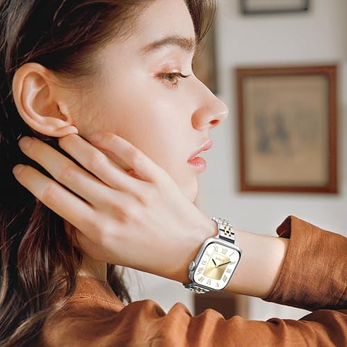 Image of Wipalor Thin Classic Metal Chain Band Fit Slim Apple Watch Bands for women 42mm 41mm 40mm 38mm, Dressy Designer Stainless Steel iWatch Bands for iPhone Watch Series 11 10 9 SE 8 7 6 5 4 3 2 1-Silver /Gold