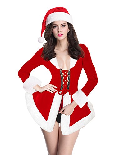 Quesera Women's Christmas Lingerie Sexy Santa Outfit Dress Velet Corset Costume, Red, 2-8